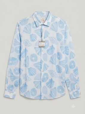 Richards Light Blue Shell-Print Long-Sleeve Button-Down Shirt- Linen Blend